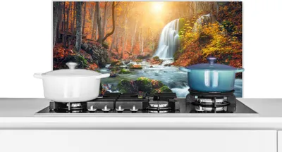 Produktbild von KitchenYeah®  Spritzschutz Küche - Küchenrückwand - Wandschutz für Herd und Spüle - Wasserfall - Sonne - Herbst 90x45 - Alu-Dibond (Alternative zum Spritzschutz aus Glas) - Hitzebeständig - Herdspritz