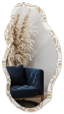 Produktbild von Dekorativer Wandspiegel mit Print, organische asymmetrische Form, 90x45 cm, moderner Designspiegel für Wohnzimmer, Flur und Schlafzimmer - Geometrisches Muster, KI-generiertes Bild