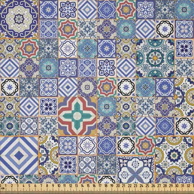 Produktbild von ABAKUHAUS marokkanisch Microfaser Stoff als Meterware , Gitter-Art quadriert dekorative geometrische Elemente orientalische Kultur-Illustration, 10 M (230 x 1000 cm), Mehrfarbig