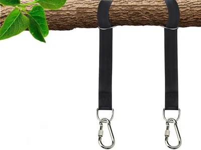 Produktbild von 2 Stück Hängematte Befestigung Aufhängung Gurt Kit, Schaukel Befestigung Baum Gurt, Hängesessel Befestigungsset Baumschaukelgurt, Schaukelbefestigung mit Karabinern D-Ringen für Schaukel Aufhängung