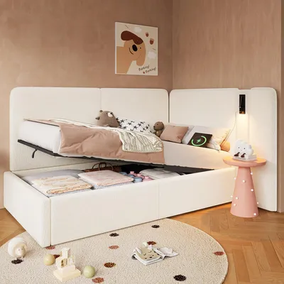 Produktbild von Daybett beige 90x200 cm, Bouclé, Polsterbett mit hydraulischem Stauraum, Schlafsofa inklusive USB-Ladeanschluss und Leselampe