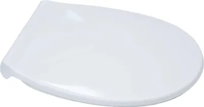 A white toilet seat lid is shown from a slightly elevated side angle against a white background.