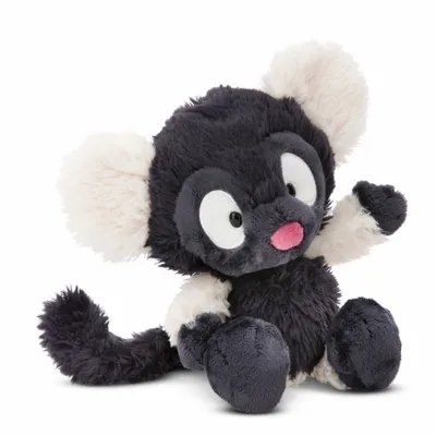 A plush toy lemur sits on a white background.