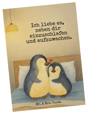 Produktbild von Mr. & Mrs. Panda Postkarte Pinguine Einschlafen Design - Weiß - Geschenk, Postkarten, bildkarte, für Partner, Valentinstag, Grußkarte, Freundin, Frauen, Jahrestag