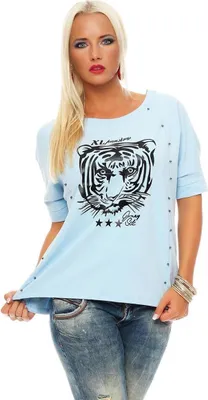 Immagine prodotto di T-shirt donna tigre sciolta a girocollo pastello con motivo di perle d'argento; Skyblue/S/M