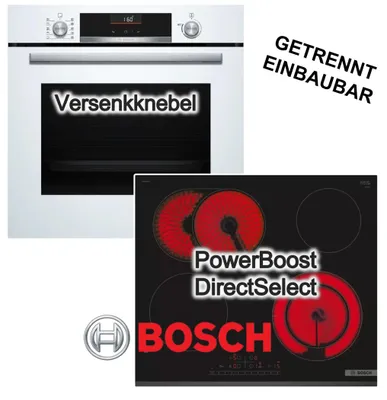 Produktbild von BOSCH Herdset Einbaubackofen 3D-Heißluft AirFry weiß + Glaskeramik-Kochfeld PowerBoost Zweikreis-Kochzone