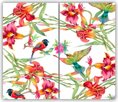 Produktbild von Tulup Glas-Herdabdeckplatte - 2x30x52cm - Glaskeramikkochfeld-Abdeckung Spritzschutz Zweiteilig Exotische Vögel