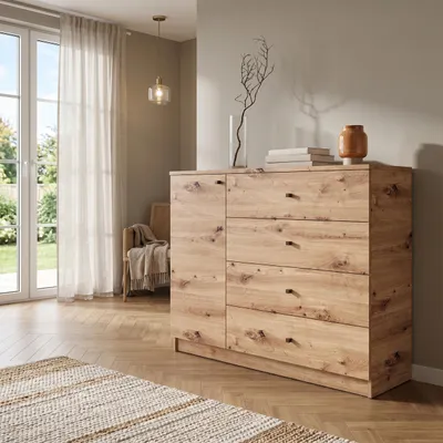 Produktbild von Masseno Kommode NATURIO 120 cm Sideboard mit 4 Schubladen und 1 Türen für Wohnzimmer Schlafzimmer Modern 120x40x87 cm Eiche Artisan