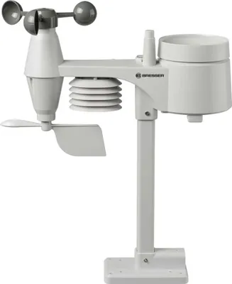 A white weather station with multiple sensors mounted on a pole.