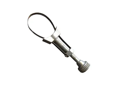 A silver adjustable oil filter wrench on a white background.