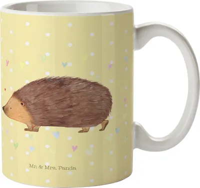 Produktbild von Mr. & Mrs. Panda Kindertasse Igel Herzen - Gelb Pastell - Geschenk, Liebe, Plastikbecher, Pott, Camping Tasse, Vertrauen, Leben, Haferl, Herz, Trinklernbecher