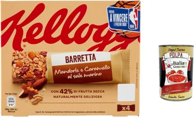 Produktbild von 12x Barretta Kellogg’s Mandorle e Caramello alMarino, Müsliriegel mit Mandeln und Meersalzkaramell 128g + Italian Gourmet polpa 400g
