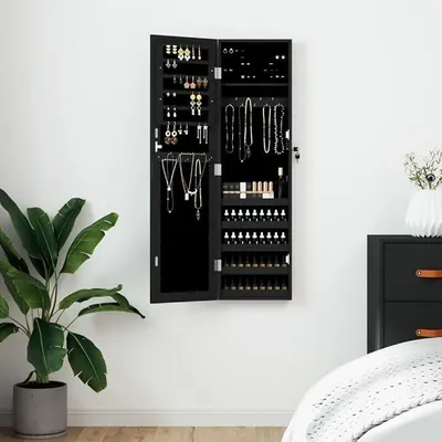 Produktbild von Schmuckschrank mit Spiegel Wandmontage Schwarz 30x8,5x106 cm Holzwerkstoff abschließbar mit Haken und Ablagen für Schmuck und Kosmetik Spiegel im Flur Schlafzimmer Badezimmer