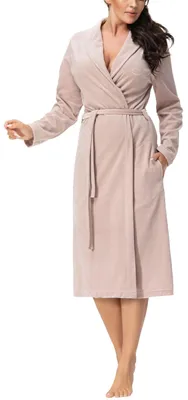 Immagine prodotto di Aquarti: accappatoio da donna in velluto, vestaglia in felpa con collo a scialle da annodare, colore: beige, taglia: L