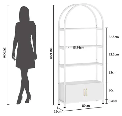 Produktbild von Bücherregal mit Tür - 4-stöckiges Standregal - 180 cm Hoch - Metallrahmen & Holzwerkstoff - Mit Stauraumschrank - Weiß