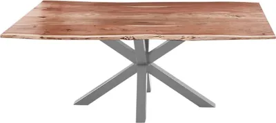 Produktbild von Esszimmertisch 240x100cm Quincy, echte Baumkante, Akazienholz naturfarben, massiver Baumkantentisch mit Spider-Gestell Silber