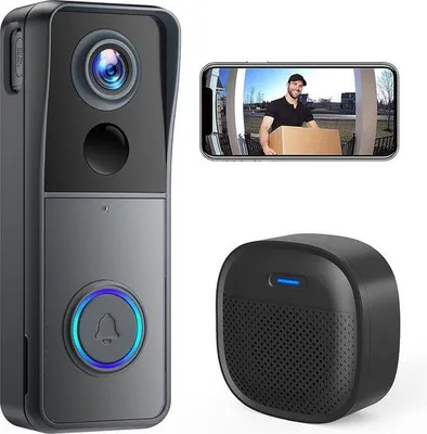 Image de Sonnette vidéo WiFi sans fil avec cloche, HD 1080p. Sonnette vidéo compacte avec caméra. Fonctionne sur piles. Détection de mouvement PIR. Vision nocturne. Communication audio bidirectionnelle. Carte SD et stockage dans le cloud.