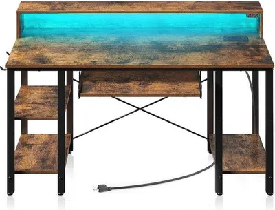 Produktbild von Arbeitsplatztisch 47 Zoll mit LED-Beleuchtung und Steckdosen - Raumsparender Schreibtisch mit Aufbewahrungsplatten und Tastaturfächern für Heimarbeit