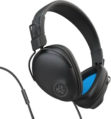 A pair of black over-ear headphones with blue accents inside the earcups, shown against a white background.