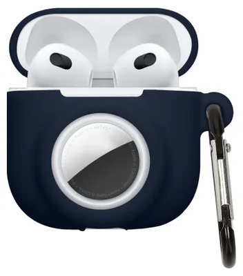 Produktbild von kwmobile 2-in1 Schutzhülle für Apple Airpods 4 Hülle - Kopfhörer Silicon Case kompatibel mit AirTag - stoßfestes Cover mit Karabiner - Dunkelblau