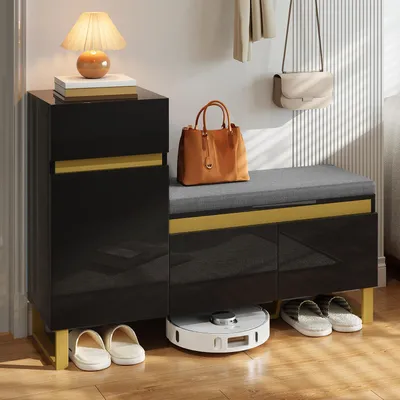 Zdjęcie produktu dla Szafka na buty Merax z ławką, duża półka na buty do przedpokoju, wielopoziomowy organizer do przedpokoju z szufladą i drzwiami, szafka do przedpokoju w kolorze czarnym