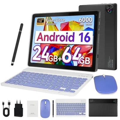 Produktbild von JENBIZZ Tablet 10 Zoll, mit Tastatur/Maus/Stift, 24(3+21)GB RAM, 64 GB ROM, Android 16, Dual Kamera, 6000 mAh, WiFi 6, BT 5.4
