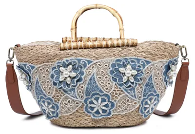 Productafbeelding van Marcella handtas voor dames, gevlochten met blauwe kantdetails en parels