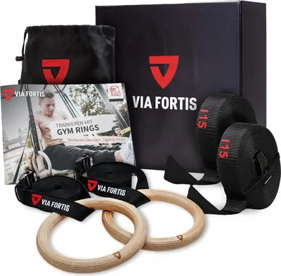 Obrázok produktu pre VIA FORTIS® Premium drevené posilňovacie kruhy + popruhy, taška a tréningová príručka - posilňovacie kruhy na kalisteniku a crossfit