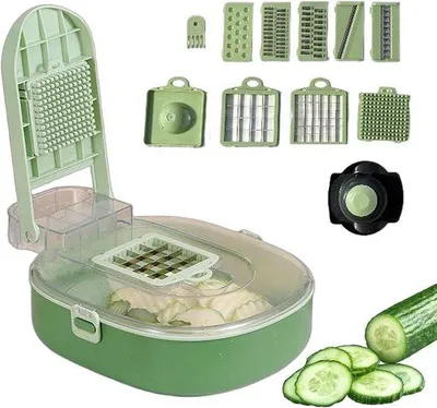 Produktbild von Vegetarisches Messer Set - Gemüseschneider mit Aufnahmekorb für Zucchini, Tomaten, Karotten, Gurken, Zwiebeln, für den Einsatz in der Küche, im Campingzelt oder Restaurant