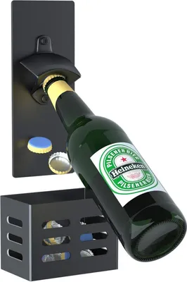 Zdjęcie produktu dla Magnetyczny otwieracz do butelek do montażu na ścianie z pojemnikiem zbiorczym wykonanym ze stali węglowej w kolorze czarnym Idealny do kuchni Doskonały prezent na piwo dla mężczyzn