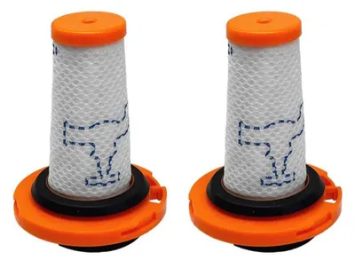 Two vacuum cleaner filters with orange tops and bases, and white mesh bodies with blue dashed outlines.
