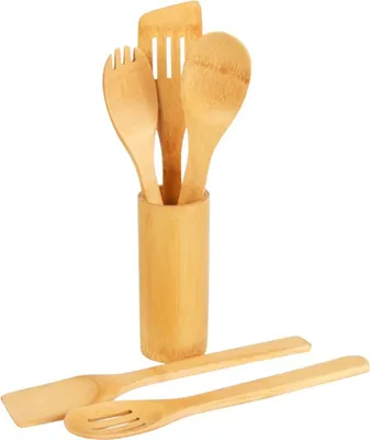 Image de Lot de 5 ustensiles de cuisine en bambou dans un porte-ustensiles Couverts de cuisine Cuillère Spatule