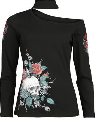Produktbild von Rock Rebel by EMP Damen schwarzes Langarmshirt mit Totenköpfen und Rosen im Off-Shoulder-Look L