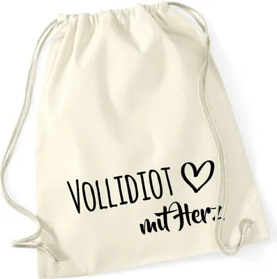 Produktbild von Huuraa Turnbeutel Vollidiot mit Herz 12 Liter Natural Baumwolle Rucksack Geschenkidee