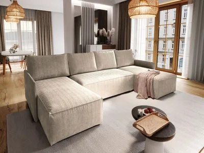 Produktbild von Masseno Ecksofa TRES mit Schlaffunktion U-Form, Sofa mit Bettkasten, Wohnzimmersofa, Couch, Soffa, Bettsofa, Couchgarnitur- Beige, POSO 02