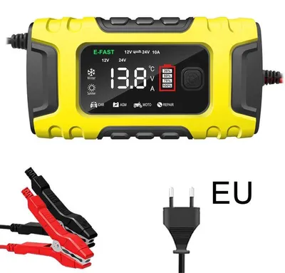 Obrázek produktu pro Nabíječka autobaterií – 12 V/24 V, 10 A/5 A – pro olověné baterie do aut a motocyklů – pulzní režim – LCD displej – rychlé nabíjení – žlutá