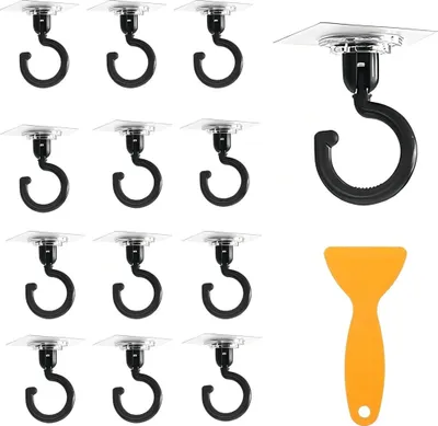Produktbild von 12 Stücke 360° Drehen Klebehaken mit 1 Schaber, Selbstklebend Deckenhaken Ohne Bohren -Max Belastung 3kg- Wasserdicht Handtuchhaken Nicht Markierender Wandhaken Ideal für Bad Küche Büro (Schwarz)
