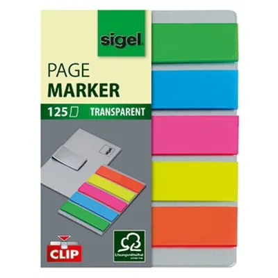 Produktbild von SIGEL HN610 Haftmarker, Folie, mit Clip, 50x12 mm, grün, blau, violett, gelb, orange, 125 BL