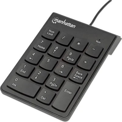 Produktbild von Manhattan Numeric Keypad, Wired, USB-A, 18 Full Size Keys, Black, Membrane Key Switches, Windows and Mac, Three Year Warranty, Blister