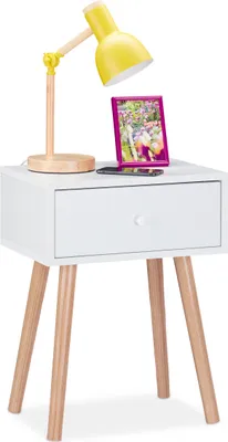 Produktbild von Relaxdays Nachttisch skandinavisch, Retro, Nachtschrank mit Schublade, HBT: 55x42x30cm, Beistelltisch Schlafzimmer, weiß