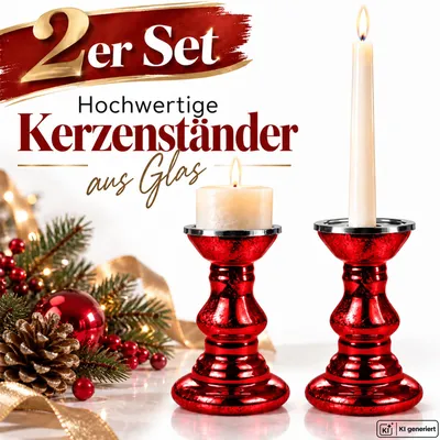 Produktbild von 2 Kerzenständer Glas Rot Kerzenhalter Stabkerze Stumpenkerze Deko Weihnachten