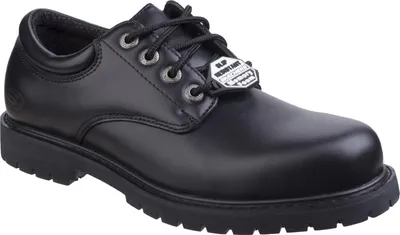 A black Skechers men's shoe is shown from a side angle against a white background.