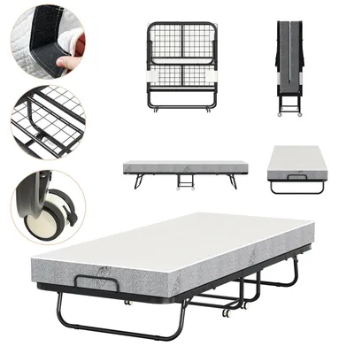 Produktbild von Clanmacy 90x200cm Gästebett Klappbett bis 150kg, mit Matratze und Schutzhülle, auf Rädern