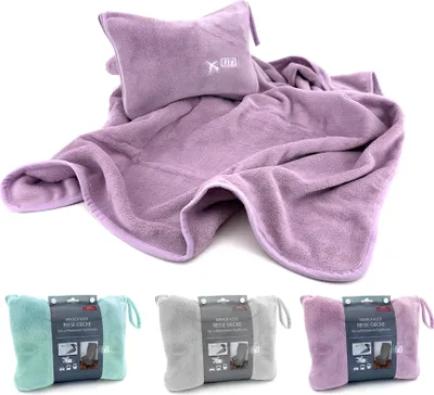 Produktbild von Heimtexland ® Reise-Set Reisedecke mit Nackenkissen aufblasbar kompakt leicht für Flugzeug Auto Bahn Camping Wandern Urlaub 80x120 Decke mit Tasche und Kissen für Unterwegs Typ908 mauve