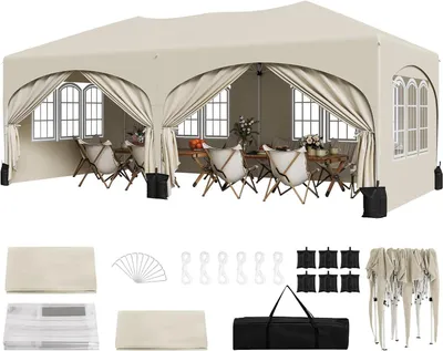 Produktbild von WOLTU Faltpavillon mit Halbmond Dach Tragetasche, Gartenpavillon wetterfest stabil UV-Schutz : Beige Farbe: Beige