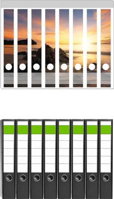 Produktbild von Wallario 8 Stück schmale Ordner inkl. Klebeetiketten mit Motive Sonne über dem Meer mit Felsenlandschaft -  Set mit Rückenschildern / Ordnerrücken Stickern