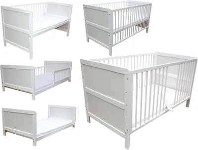 Produktbild von 3-in-1-Kinderbett in Weiß mit Matratze – Babybett, Beistellbett und Juniorbett