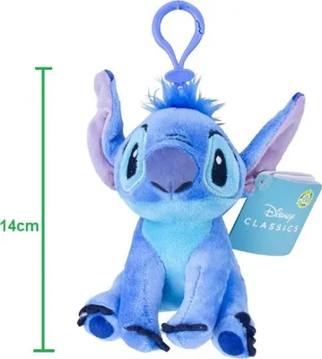 A plush toy of the character Stitch from Disney, with a clip for attaching to a bag or keychain.
