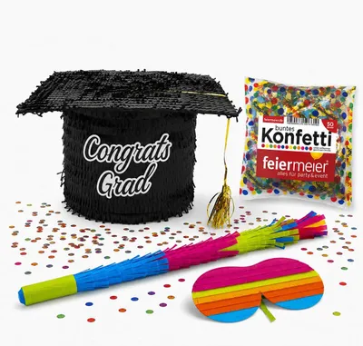 Produktbild von Pinata-Set | 4-tlg. mit Augenmaske, Schlagstock und Konfetti Farbe: "Congrats Grad" Doktorhut Schwarz | 28x29x15cm