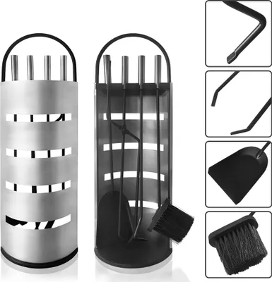 Image de LARS360 Couverts de cheminée 5 pièces argent - Set moderne de couverts de cheminée en acier inoxydable, y compris support en acier inoxydable avec pare-vue, balai, pince, tisonnier, pelle à cendres